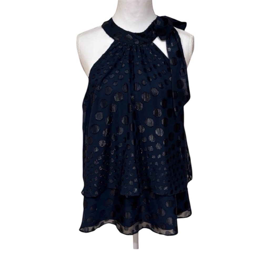 MSK Navy and Gold Polka Dot Sleeveless Blouse NWOT